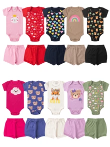 Kit 3 Conjuntos (6 Peças) Body Bebê MANGA CURTA E SHORTS Sortidos – 100% Algodão - Rosa Bebê - Visão 4