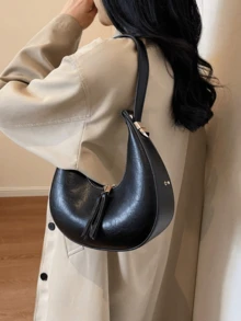 Ladies' Quality Soft Leather Dumpling Bag,-Shaped Bag,Shoulder Bag,Large Capacity Commuter Bag,Handbag, Tready Crescent Moon Bag For Women, Bag For Women Elegant - màu đen - Xem 3