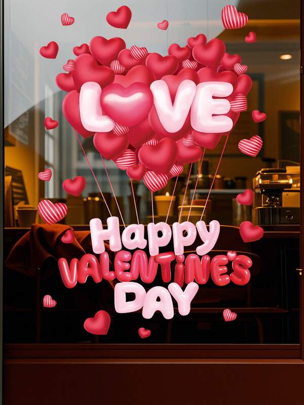 1 pièce Stickers décoratifs en verre pour fenêtre de la Saint-Valentin, décoration de maison, décoration de chambre, papier peint, stickers d'atmosphère romantique avec ballon à air chaud et ballon d'amour, stickers décoratifs d'ambiance de la Saint-Valentin, grands stickers adhésifs pour fenêtre en verre, accessoires de décoration pour mariage et fête, décoration de scène de rendez-vous pour restaurant et hôtel, décoration de la Saint-Valentin