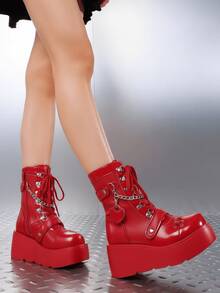 Goth Punk Women's Chain Platform Boots Platform Wedge Ankle Boots Goth Patent Lace Up Boot Chain Strappy Booties Lace Up&Zipper Combat Boots - 紅色 - 查看 5