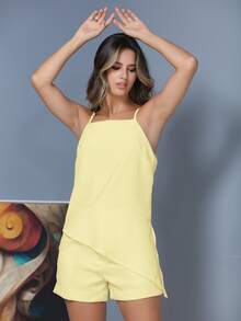 LXC Conjunto feminina estilo Único,Top blusa elegante feminino com calções,Novo terno de verão das mulheres - Amarelo - Visão 6