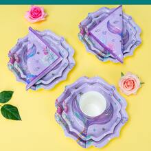 25件套紫色美人鱼尾巴花瓣造型海洋主题一次性餐盘、餐巾纸和杯子，适合25位客人，一次性纸盘派对用品，适用于生日、婚礼、聚会、家庭野餐 - 彩色 - 查看 3