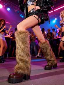 Women's Fuzzy Fur Leg Warmers - Winter Soft Fluffy Boot Cuffs, Perfect For Halloween & Santa Costumes - Brown - View 2