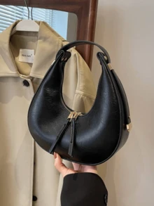 Ladies' Quality Soft Leather Dumpling Bag,-Shaped Bag,Shoulder Bag,Large Capacity Commuter Bag,Handbag, Tready Crescent Moon Bag For Women, Bag For Women Elegant - màu đen - Xem 4