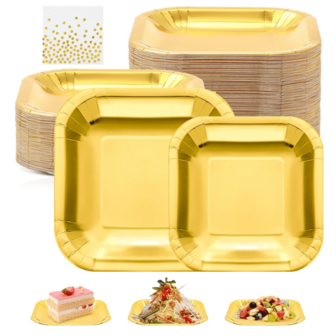 10/20pcs Gold Paper Plates, Square Dinner Party Plates, Metallic Foil Plates, Disposable Supplies Cake Dessert Appetizer Plates, Baby Shower Tableware Set Party Decorations For BBQ Picnic Wedding Graduation Anniversary Christmas Birthday Anniversary