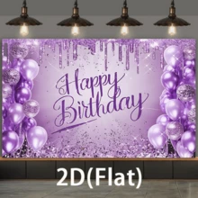 Pancarta de cumpleaños plana 2D, 1 pancarta morada con purpurina, globos, fuente suave "Feliz cumpleaños", fondo brillante de poliéster con purpurina, adecuado para decoración de fiestas, decoración de hogar y paredes, multiusos y estacional - Morado - Ver 3