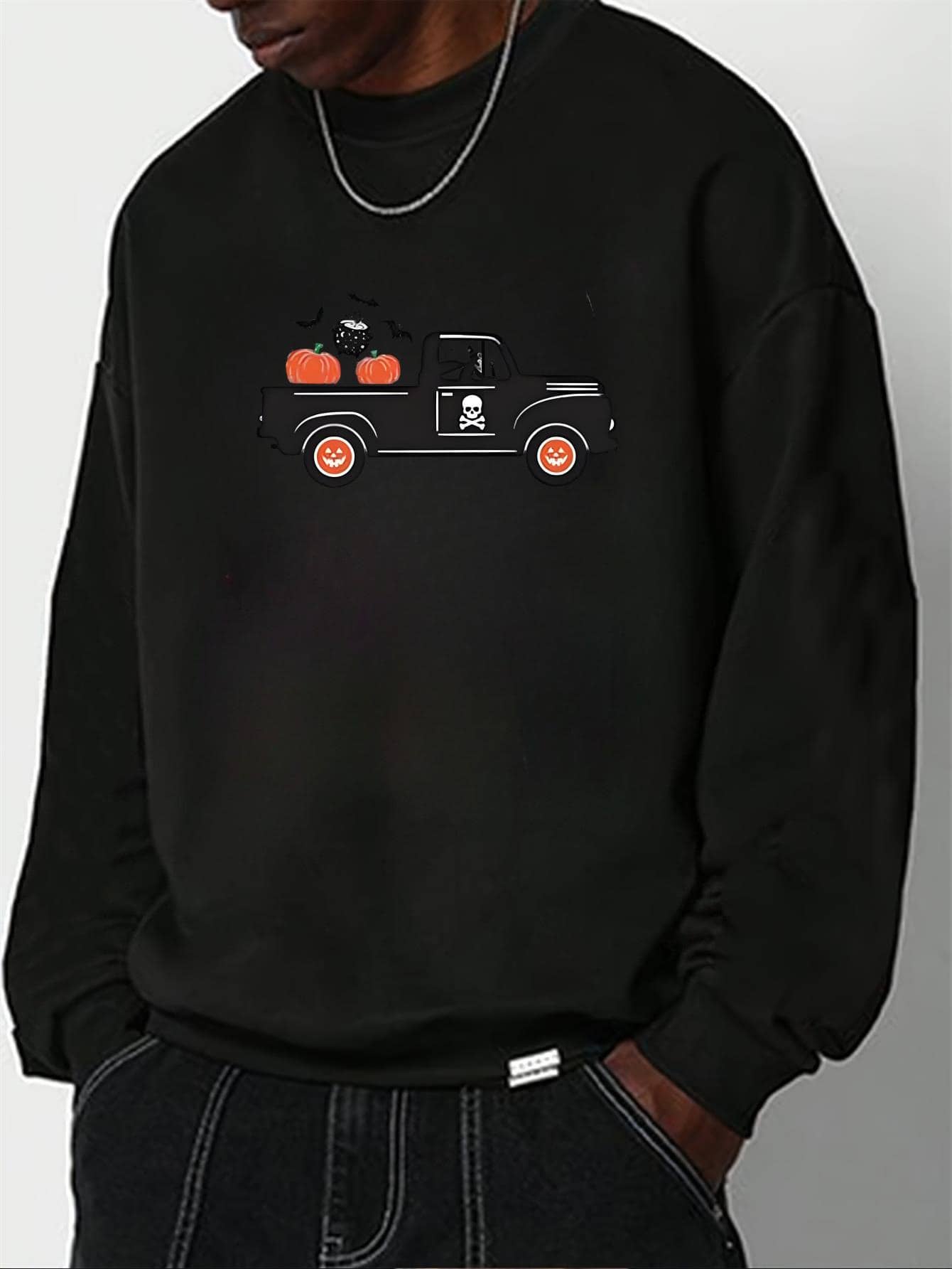 Halloween Truck Pumpkin Design Sweatshirt Mens Pullover Long Sleeve Crewneck Sweatshirts Casual Style Halloween Costume Shirt for Men and Women