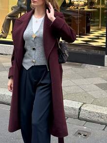 GMFP 女士秋冬休闲优雅宽松新款纯色翻领开衩软肩外套 新年/情人节女士冬装外套 - 酒紅色 - 查看 7