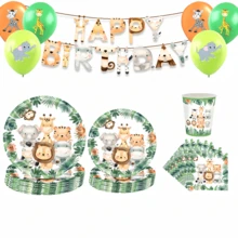 Geschirrset für die Geburtstagsparty mit Dschungeltier-Thema, einschließlich Papptellern und Servietten