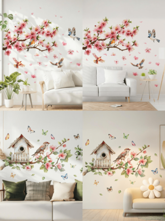 1片桃花枝鸟屋墙贴 浴室家居装饰贴纸 客厅卧室墙贴 儿童房墙贴 门贴 电视沙发背景墙装饰