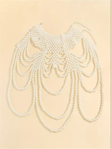 1pc Handmade Woven White Faux Pearl Necklace, Unisex Body Chain, Women's Beaded Necklace, Fashion Jewelry For Wedding, Party, Carnival, Runway Show, Gift - White - View 10