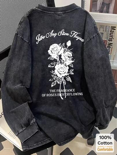 Oversized Vintage Black Cotton Washed Long Sleeve T-Shirt For Women, Rose Print, Loose & Flattering Design