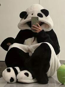 Áo choàng ngủ nữ họa tiết gấu trúc có mũ trùm đầu bằng vải nỉ - Đồ ngủ mùa đông thoải mái, đồ mặc nhà mềm mại và ấm áp, có thể giặt máy, bộ đồ ngủ người lớn màu đen trắng, thiết kế hoạt hình dễ thương, có mũ trùm đầu và khóa kéo toàn thân, chất liệu vải nỉ, thích hợp cho mùa thu/đông, đồ mặc nhà thời trang và ấm cúng, đồ ngủ nữ. - Nhiều màu - Xem 2