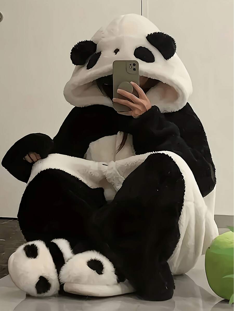 Áo choàng ngủ nữ họa tiết gấu trúc có mũ trùm đầu bằng vải nỉ - Đồ ngủ mùa đông thoải mái, đồ mặc nhà mềm mại và ấm áp, có thể giặt máy, bộ đồ ngủ người lớn màu đen trắng, thiết kế hoạt hình dễ thương, có mũ trùm đầu và khóa kéo toàn thân, chất liệu vải nỉ, thích hợp cho mùa thu/đông, đồ mặc nhà thời trang và ấm cúng, đồ ngủ nữ.