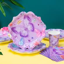 25pcs Purple Butterfly Crown Petal Shaped Disposable Plates, Napkins And Cups, Party Supplies Suitable For Birthday Party, Family Picnic - Multicolor - View 5