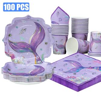 25 piezas Platos, servilletas y vasos desechables con forma de pétalos de cola de sirena de color morado, tema oceánico, adecuado para 25 invitados, suministros de fiesta de platos de papel de un solo uso para cumpleaños, bodas, fiestas, picnics familiares