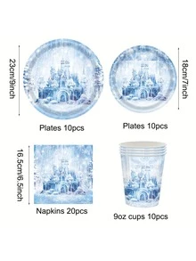 10件/20件/50件/套，冰雪奇缘主题生日派对用品，冬季雪花餐具套装，一次性9英寸/7英寸餐盘/餐巾纸/杯子，适合10人使用，冰雪城堡主题，新生儿洗礼生日圣诞派对餐桌装饰 - 彩色 - 查看 4