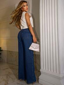Stylish Women's Wide-Leg Jeans, Long Length, In Non-Stretch Denim, For Casual Comfort And An Authentic Look. - 中等水洗藍 - 查看 3