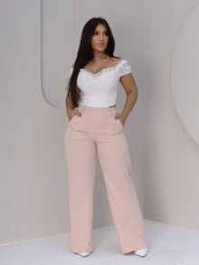 Calça Pantalona Bege de Alfaiataria Feminina com Caimento Elegante - Bege - Visão 7