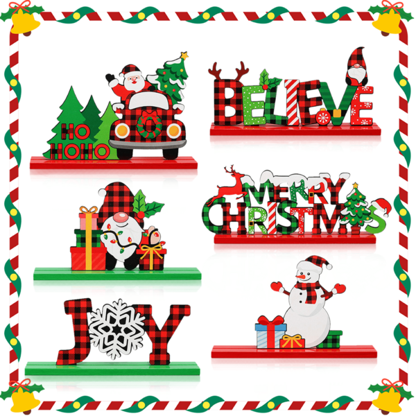YESTARY 5/6 Pcs Christmas Wooden Tabletop Centerpieces Suit With Various Classic Christmas Elements For Xmas Winter Party Supplies, Holiday Party, New Year, Christmas Decorations, Wedding, Anniversary, Bridal Shower Party Favors