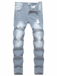 男式时尚休闲破洞洗水紧身牛仔裤 - 淺色水洗藍 - 查看 3