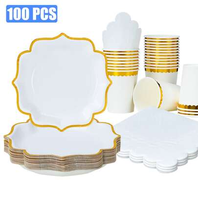 一套白色和金色箔纸花边纸盘、餐巾纸和纸杯，一次性派对餐具套装，可供25位客人使用，适用于生日、婚礼、派对、家庭野餐等场合。