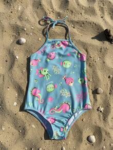 Teen Swimsuit, Open Back, UV50+ Protection, Long Sleeves, Lined, Children's And Youth Sizes 10 To 16, 64-A - 魚 - 查看 5