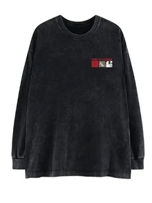 Oversized Vintage Black Washed Cotton Long Sleeve T-Shirt, Loose & Slimming Design - Black - View 4