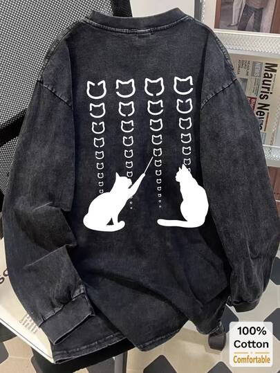 Oversized Vintage Black Cat Print Cotton Washed Long Sleeve T-Shirt, Loose & Slimming Design