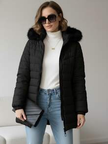 MODA MANIA Chaqueta Acolchada Para Mujer Premium, Súper Cálida con Capucha de Pelo Sintético Desmontable, Estilo Moderno y Funcional para Invierno y Otoño - Negro - Ver 2