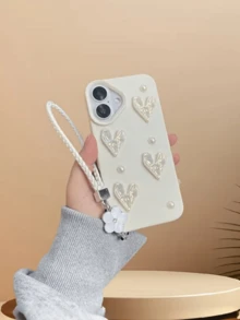 Cute Solid Faux Leather Texture Phone Case (White/Pink) With Laser Cut Heart, Faux Pearl Decor & Detachable Lanyard, Anti-Slip & Shock-Proof - Compatible With Apple 11-17/Pro/Pro Max/Plus, Mate40-60/Pro, P50-70/Pro - Holiday Gift, Best Friend Gift, Christmas Gift