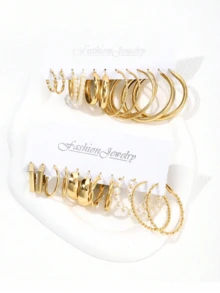 24pcs Elegant Geometric Hoop Earrings Set, Faux Pearl Embellished Round Earrings, Versatile For Women's Daily, Party, Date, Wedding Jewelry - Gold - View 4