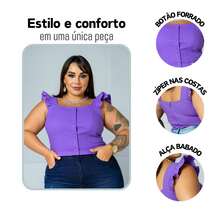 Women's Summer Plus Size Cropped Blouse With Ruffled Sleeves, Button Detail, Back Zipper, Curve Look, Sizes 44 To 54 - Lila Púrpura - Ver 4