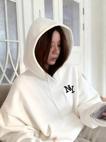 女士休闲宽松字母印花卫衣，美式风格，白色，秋季款 - 白色 - 查看 3