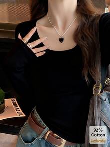 女士纯棉长袖T恤，百搭黑色U领修身套头衫，秋冬季 - 黑色 - 查看 1