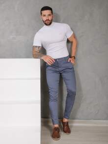 Men's Smart Casual Trousers In Premium Satin Fabric With Tailored Detail And Welt Pockets - 石油藍 - 查看 4