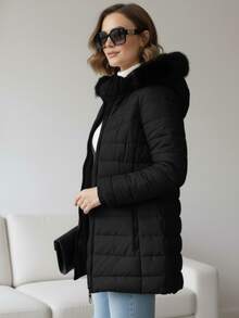 MODA MANIA Chaqueta Acolchada Para Mujer Premium, Súper Cálida con Capucha de Pelo Sintético Desmontable, Estilo Moderno y Funcional para Invierno y Otoño - Negro - Ver 3