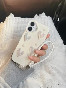 Cute Solid Faux Leather Texture Phone Case (White/Pink) With Laser Cut Heart, Faux Pearl Decor & Detachable Lanyard, Anti-Slip & Shock-Proof - Compatible With Apple 11-17/Pro/Pro Max/Plus, Mate40-60/Pro, P50-70/Pro - Holiday Gift, Best Friend Gift, Christmas Gift