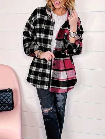 Plus Size Women Casual Patchwork Plaid Print Loose Fit Drop Shoulder Long Sleeve Shirt, Autumn