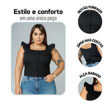 Women's Summer Plus Size Cropped Blouse With Ruffled Sleeves, Button Detail, Back Zipper, Curve Look, Sizes 44 To 54 - Negro - Ver 3