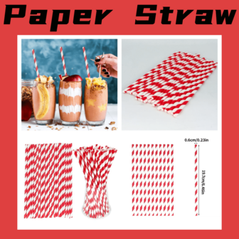 100 Piezas/Paquete Pajitas de papel desechables a rayas rojas y blancas de 6*197mm | Adecuadas para cumpleaños, bodas y diversos eventos, perfectas para el uso de bebidas en todas las ocasiones, útiles escolares, pajitas de fiesta disolvibles