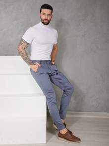 Men's Smart Casual Trousers In Premium Satin Fabric With Tailored Detail And Welt Pockets - 石油藍 - 查看 5