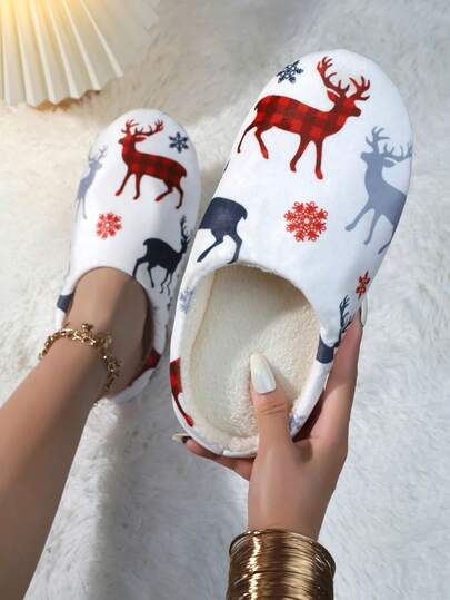 秋冬女士时尚圣诞元素闭趾拖鞋，保暖室内拖鞋袜，轻便舒适的家居拖鞋