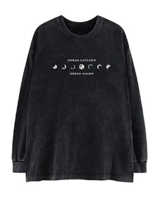Oversized Vintage BlackWashed Long Sleeve T-Shirt For Women, Moon Print, Loose & Slimming Design Casual Spring - Black - View 4