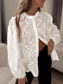 Áo kiểu nữ thêu hoa tay dài cổ ren Pháp màu trơn, áo trắng thêu hoa cho kỳ nghỉ xuân - trắng - Xem 2