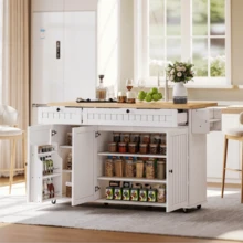 Kitchen Island With Folding Countertop, Kitchen Cabinet With 6 Adjustable Wheels, With Shelf, Door Organizer, 2 Large Drawers And Cabinet, Black, 137 X 89.5 X 45 - 自然色+白色+MDF+歐式 - 查看 10