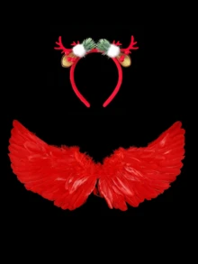 圣诞天使羽毛翅膀和鹿角头箍套装 - 节日派对服装道具、雪景拍照道具、头饰配饰、场景装饰、可调节肩带，适合儿童和成人、服装秀、DIY派对道具、角色扮演、红色天使翅膀派对、圣诞派对装饰、圣诞服装用品 - 彩色 - 查看 5