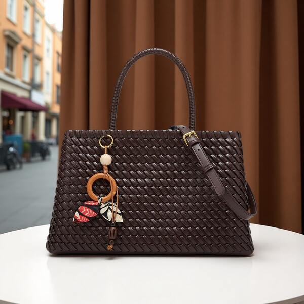 2025 New Vintage Handmade Woven Textured Tote Bag, Deep Red 3D Effect Tote With Detachable Shoulder Strap; French Retro Style Dark Coffee Woven Leather Shoulder Bag, Large Capacity Commuter Crossbody Handbag With Scarf Charm; Luxurious Handwoven Basket Bag, Textured Tote Bag, Casual Versatile Tote