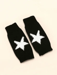 女士星形印花露指拇指孔针织长手套，保暖舒适面料，Y2K风格，男女皆宜，适合万圣节和冬季穿着。