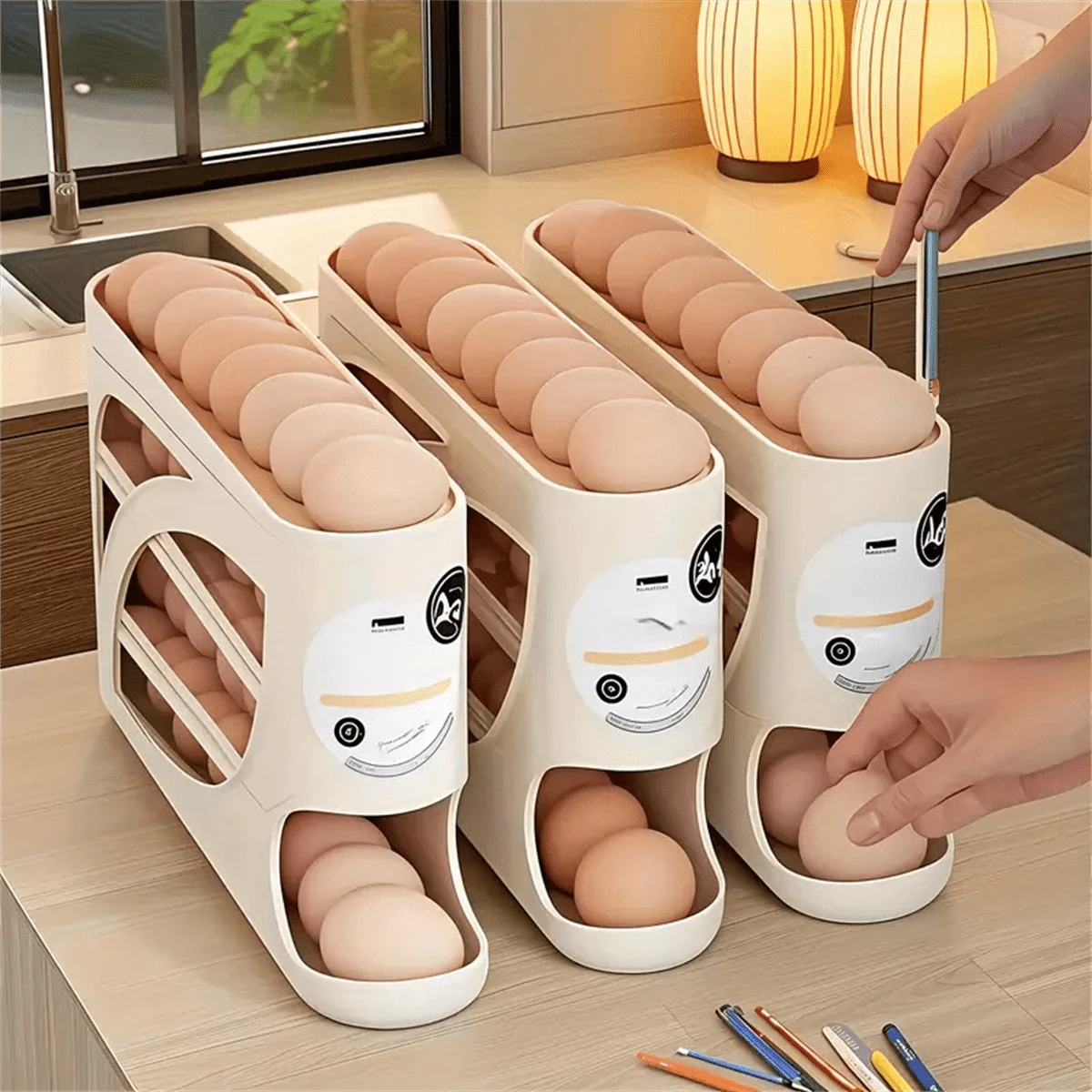 1pc Automatic Egg Dispenser Refrigerator Storage Rack, Large Capacity Stackable Egg Holder System With White Cover, Ideal For Kitchen And Refrigerator Organization, Kitchen Storage Rack, Refrigerator Organizer, Kitchen Accessories, Egg Storage Container